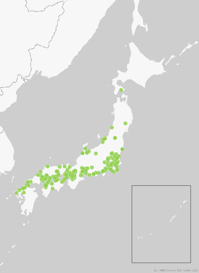 確認地点に印を付けた日本地図