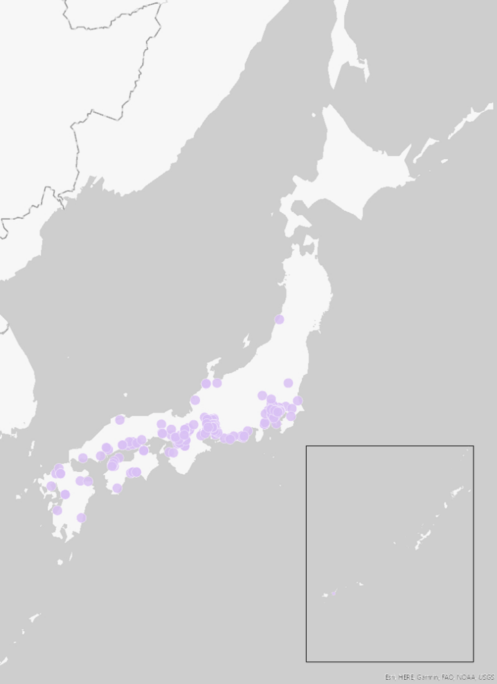 確認地点に印を付けた日本地図